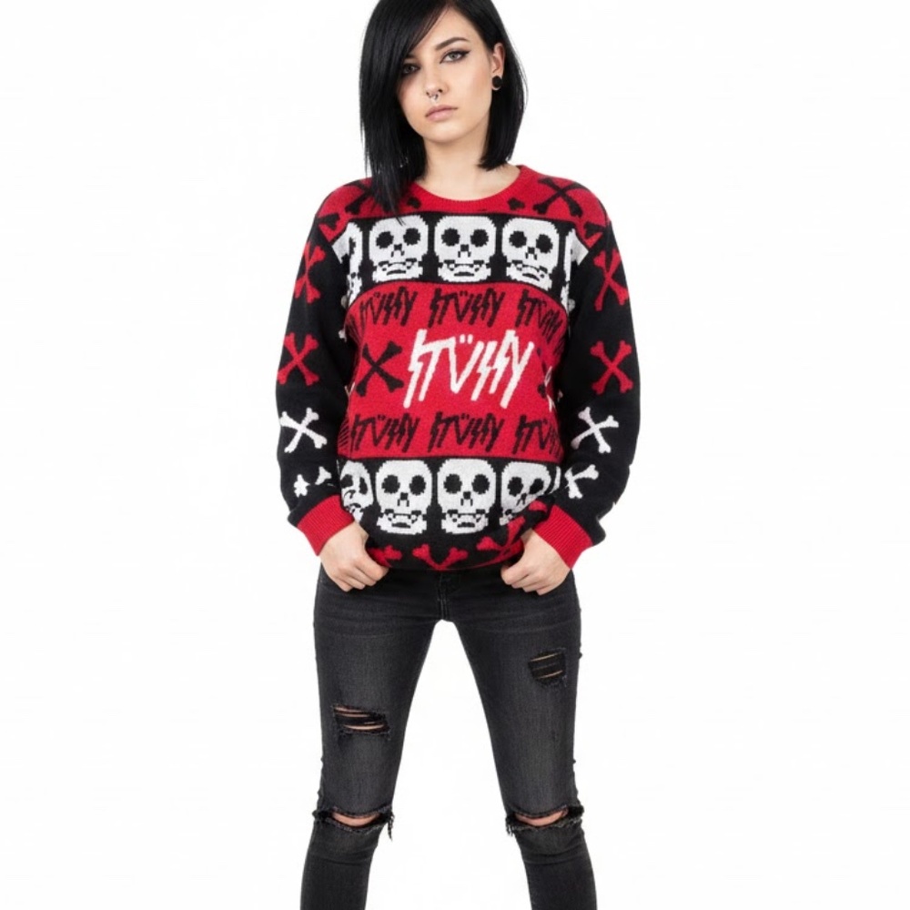 Stussy Red Black Skull Print Goth Punk Sweater RARE